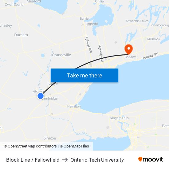 Block Line / Fallowfield to Ontario Tech University map