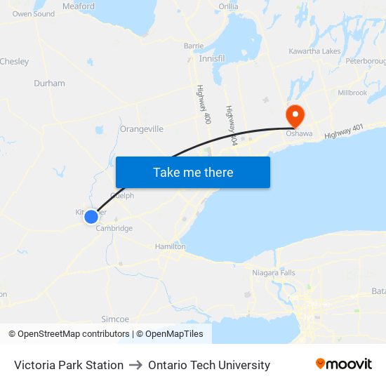 Victoria Park Station to Ontario Tech University map