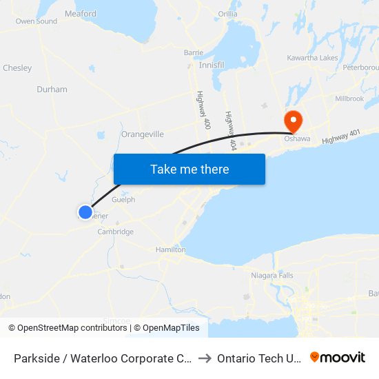 Parkside / Waterloo Corporate Campus - North to Ontario Tech University map