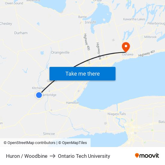 Huron / Woodbine to Ontario Tech University map
