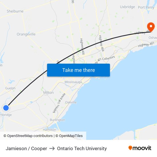 Jamieson / Cooper to Ontario Tech University map