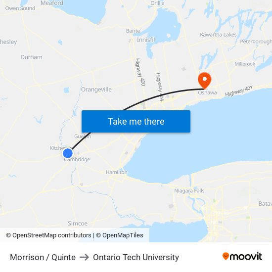 Morrison / Quinte to Ontario Tech University map