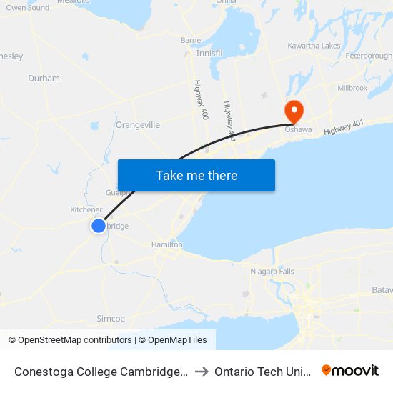 Conestoga College Cambridge Campus to Ontario Tech University map