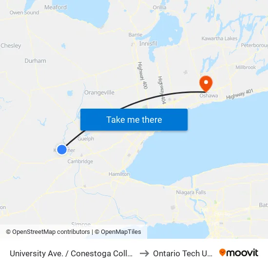 University Ave. / Conestoga College - Waterloo to Ontario Tech University map