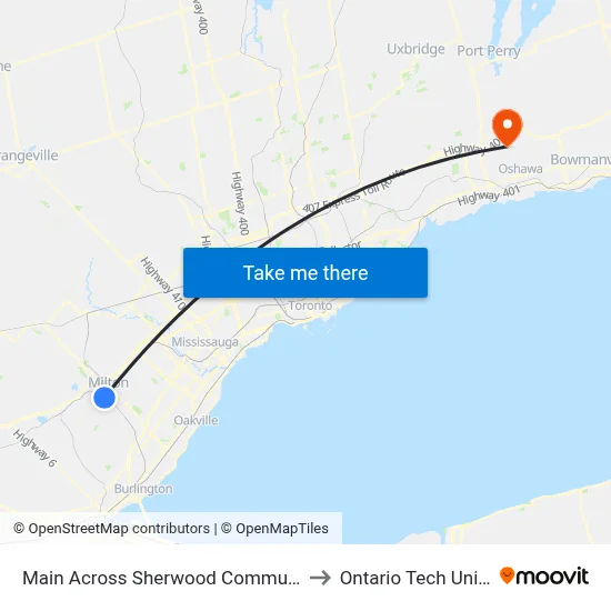Main Across Sherwood Community Centre to Ontario Tech University map