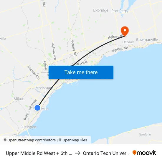 Upper Middle Rd West + 6th Line to Ontario Tech University map