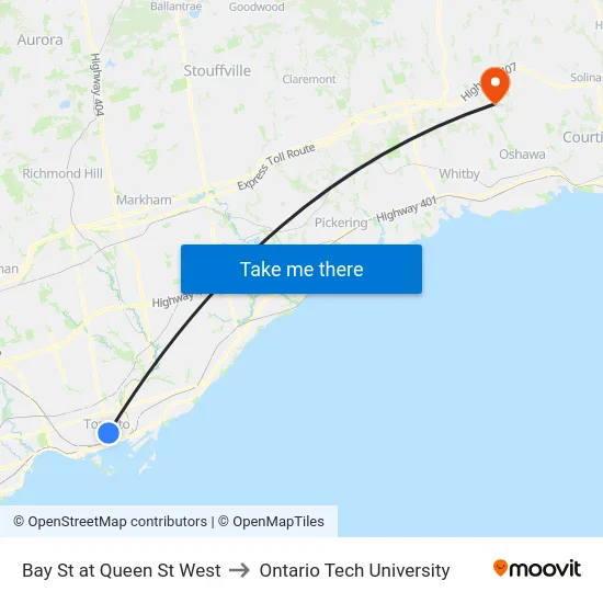 Bay St at Queen St West to Ontario Tech University map
