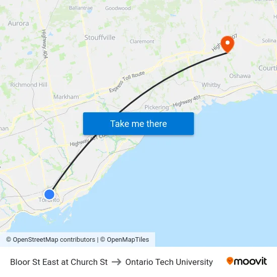 Bloor St East at Church St to Ontario Tech University map