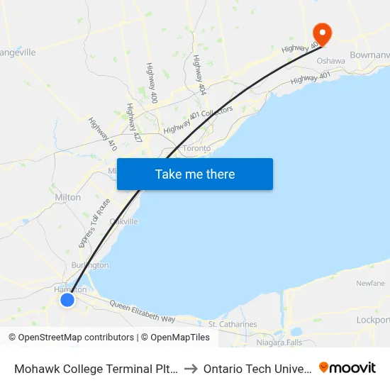 Mohawk College Terminal Pltfrm 1 to Ontario Tech University map