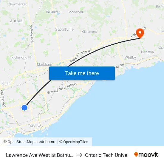 Lawrence Ave West at Bathurst St to Ontario Tech University map