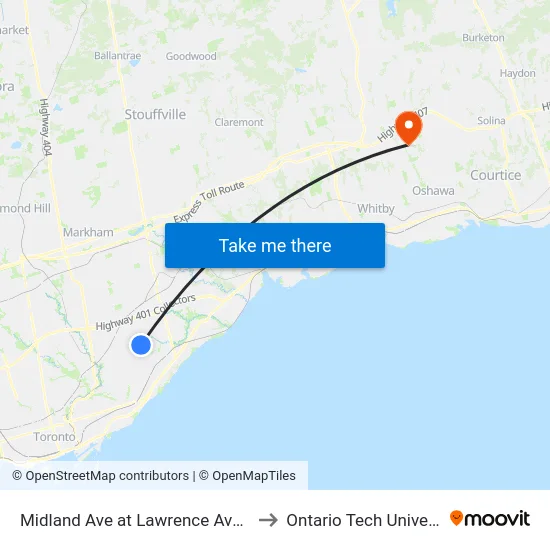 Midland Ave at Lawrence Ave East to Ontario Tech University map