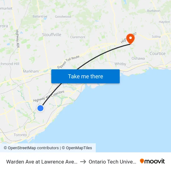 Warden Ave at Lawrence Ave East to Ontario Tech University map