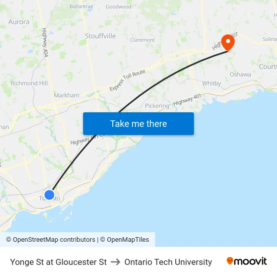 Yonge St at Gloucester St to Ontario Tech University map