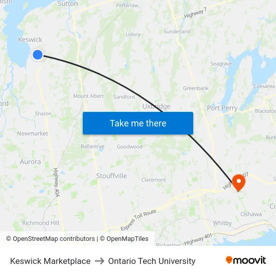 Keswick Marketplace to Ontario Tech University map