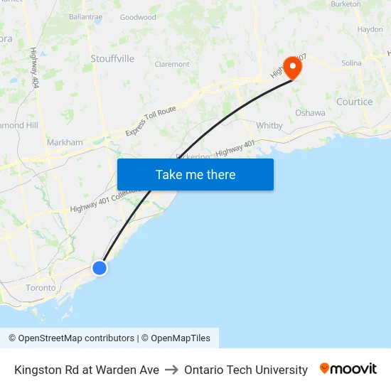 Kingston Rd at Warden Ave to Ontario Tech University map