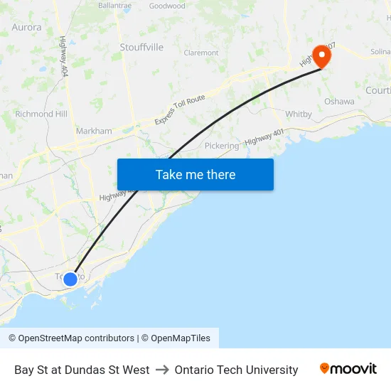 Bay St at Dundas St West to Ontario Tech University map