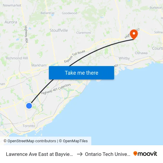 Lawrence Ave East at Bayview Ave to Ontario Tech University map