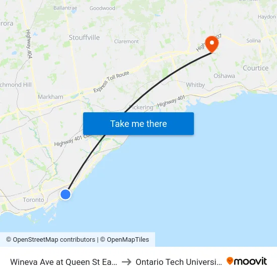 Wineva Ave at Queen St East to Ontario Tech University map