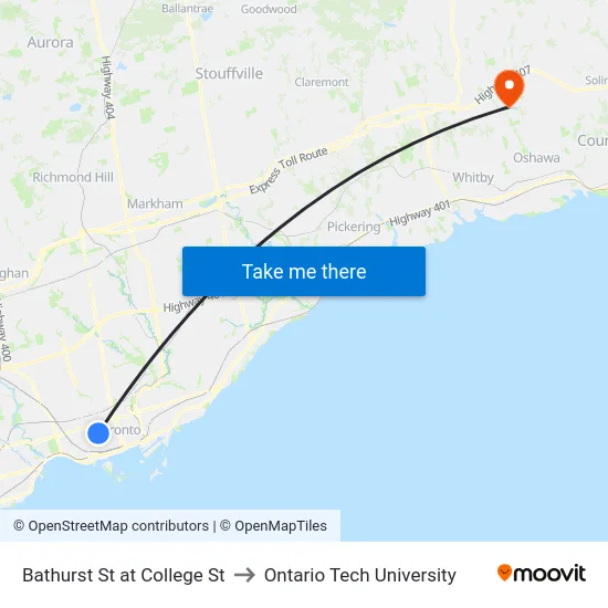 Bathurst St at College St to Ontario Tech University map