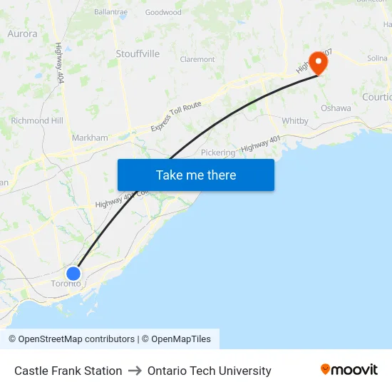 Castle Frank Station to Ontario Tech University map