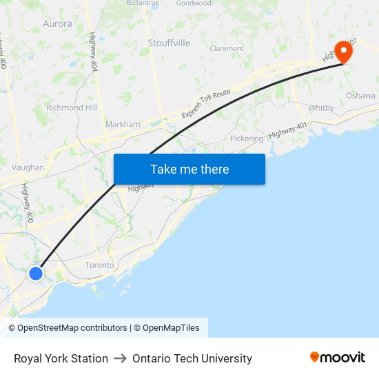 Royal York Station to Ontario Tech University map