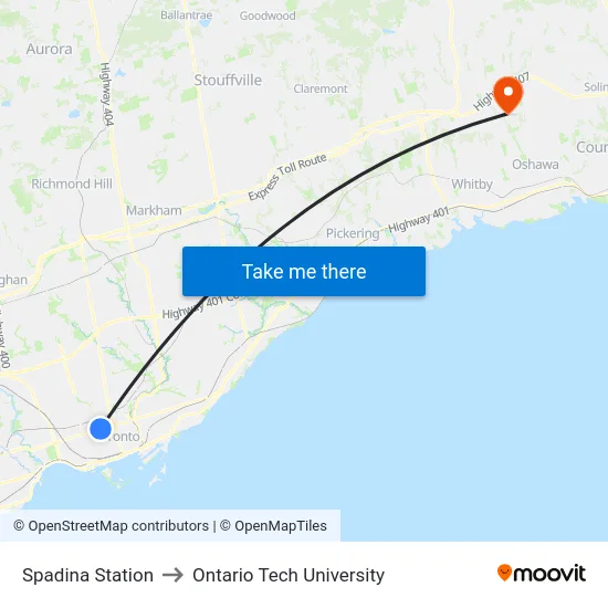 Spadina Station to Ontario Tech University map