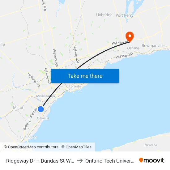 Ridgeway Dr + Dundas St West to Ontario Tech University map