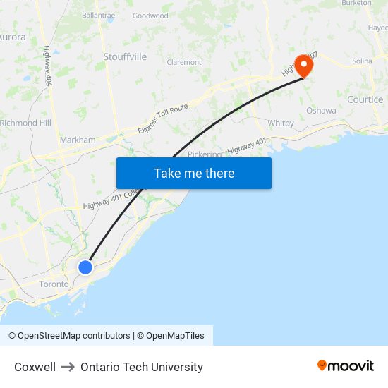 Coxwell to Ontario Tech University map