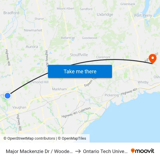 Major Mackenzie Dr / Woodend Pl to Ontario Tech University map