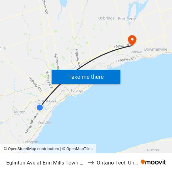 Eglinton Ave at Erin Mills Town Centre South to Ontario Tech University map