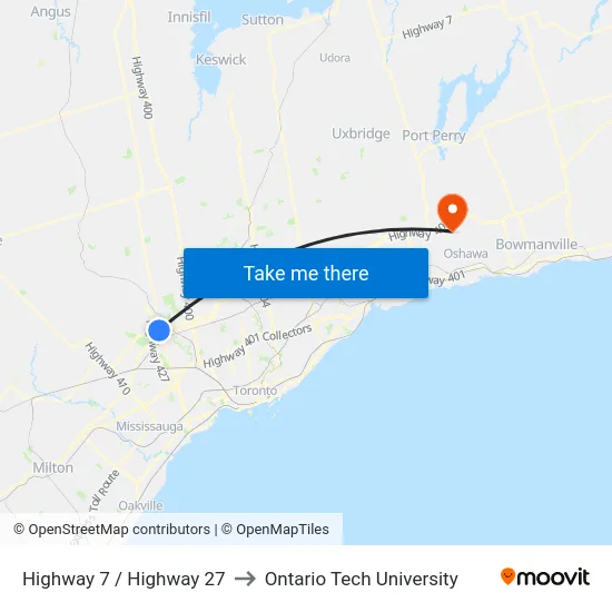 Highway 7 / Highway 27 to Ontario Tech University map