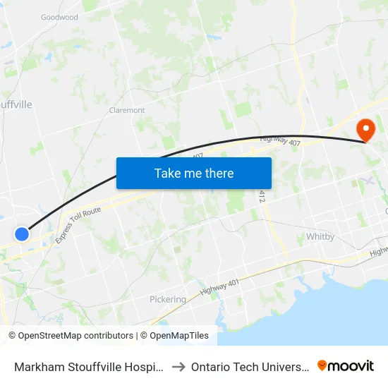 Markham Stouffville Hospital to Ontario Tech University map