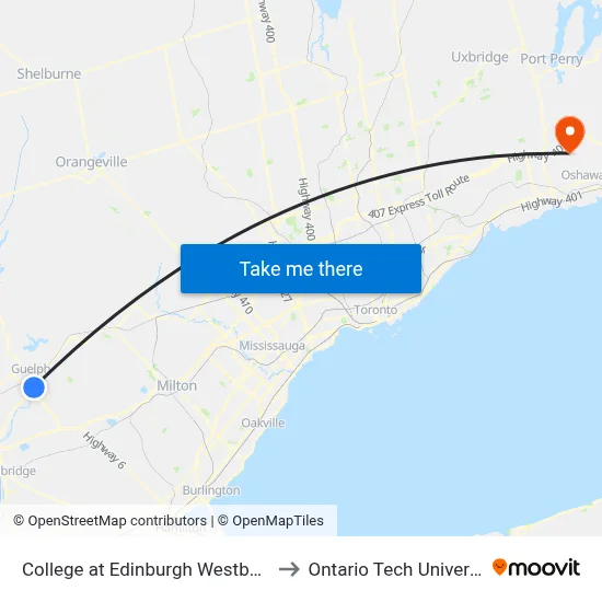 College at Edinburgh Westbound to Ontario Tech University map
