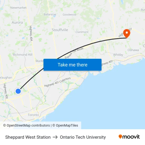 Sheppard West Station to Ontario Tech University map
