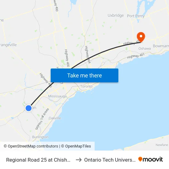 Regional Road 25 at Chisholm to Ontario Tech University map