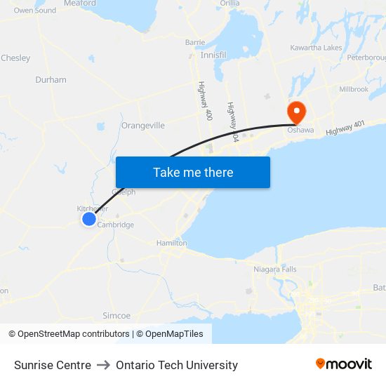 Sunrise Centre to Ontario Tech University map