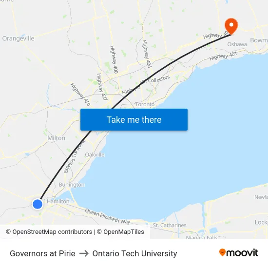 Governors at Pirie to Ontario Tech University map