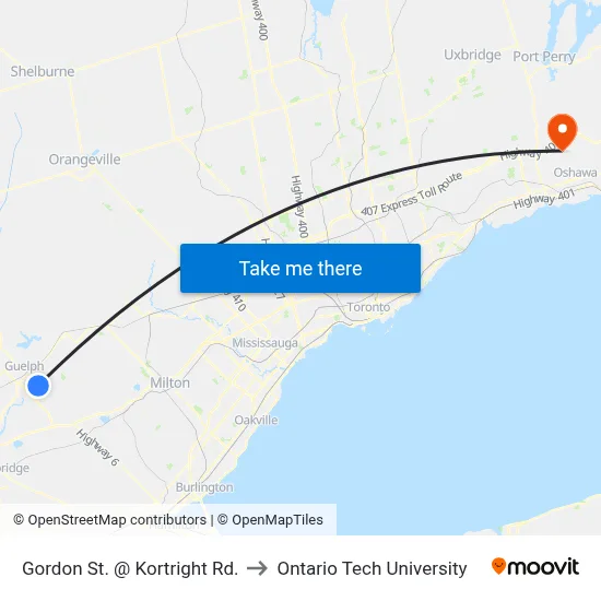 Gordon St. @ Kortright Rd. to Ontario Tech University map