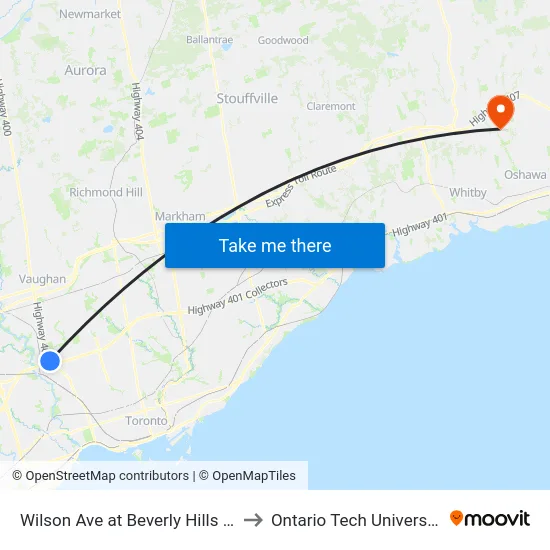 Wilson Ave at Beverly Hills Dr to Ontario Tech University map