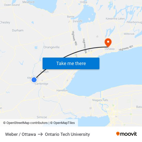 Weber / Ottawa to Ontario Tech University map