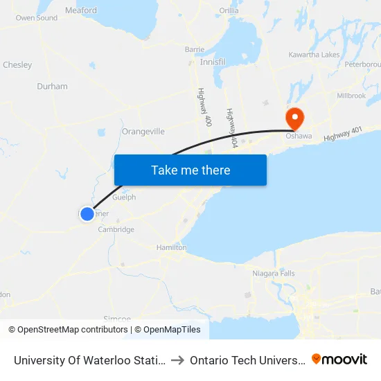 University Of Waterloo Station to Ontario Tech University map