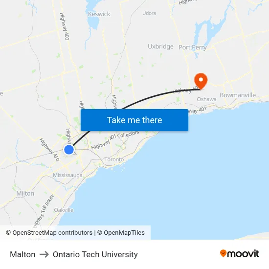 Malton to Ontario Tech University map