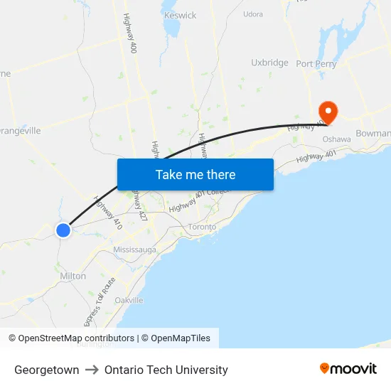 Georgetown to Ontario Tech University map
