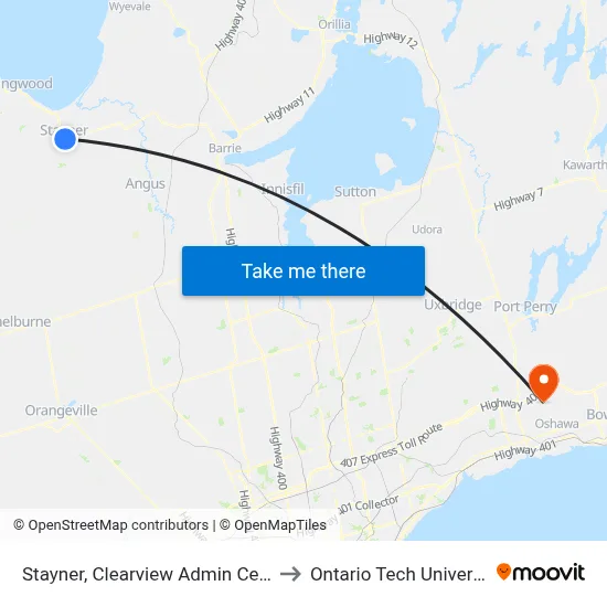 Stayner, Clearview Admin Centre to Ontario Tech University map
