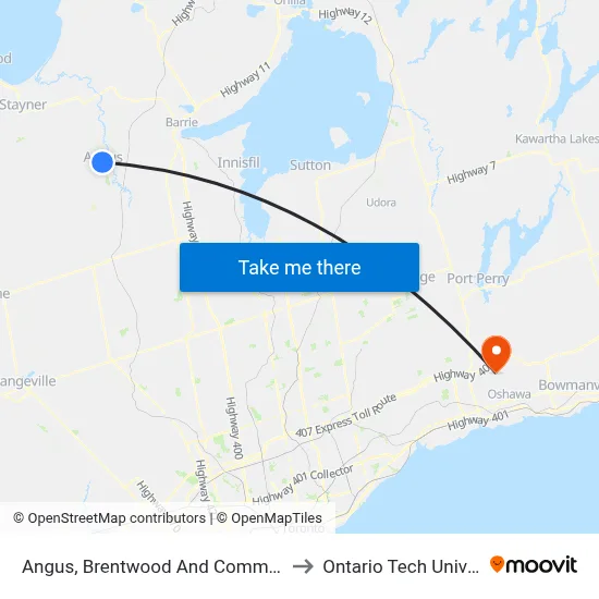 Angus, Brentwood And Commerce Rd. to Ontario Tech University map