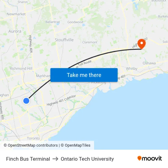 Finch Bus Terminal to Ontario Tech University map