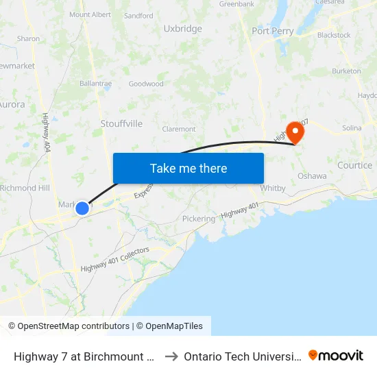 Highway 7 at Birchmount Rd to Ontario Tech University map
