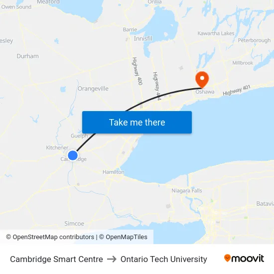 Cambridge Smart Centre to Ontario Tech University map