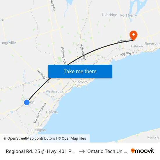 Regional Rd. 25 @ Hwy. 401 Park & Ride to Ontario Tech University map