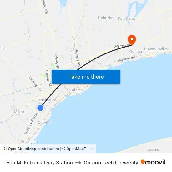 Erin Mills Transitway Station to Ontario Tech University map